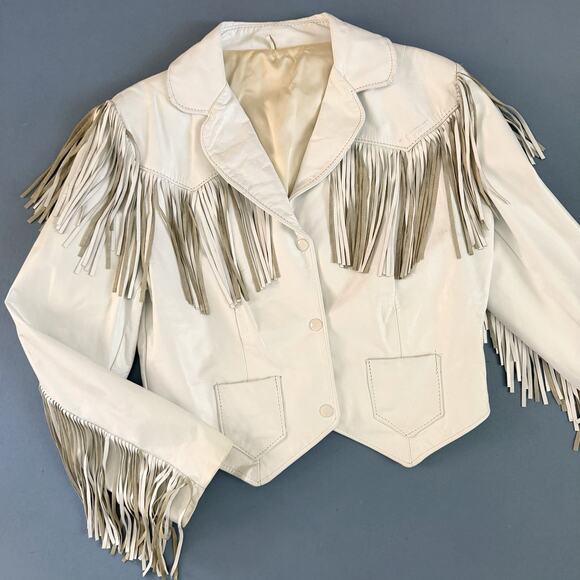 Women's White Fringe Leather Jacket - Picture 1 of 4